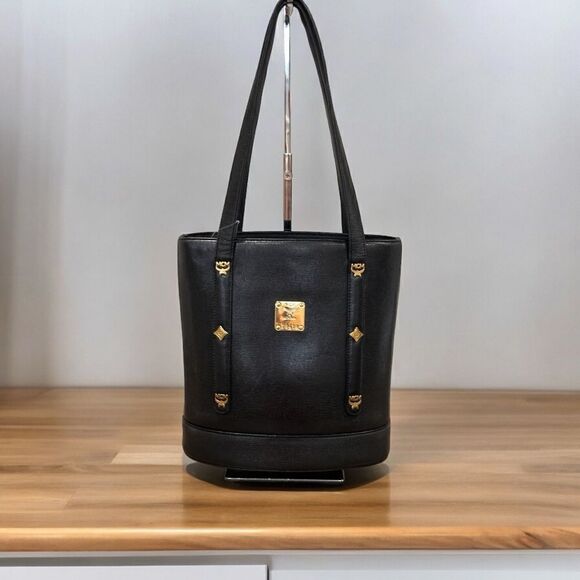 MCM Authentic Vintage Black Saffiano Leather Studded Logo Bucket Shoulder Bag - Picture 4 of 8